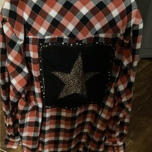 Red and Black Plaid Shirt with Star Patch